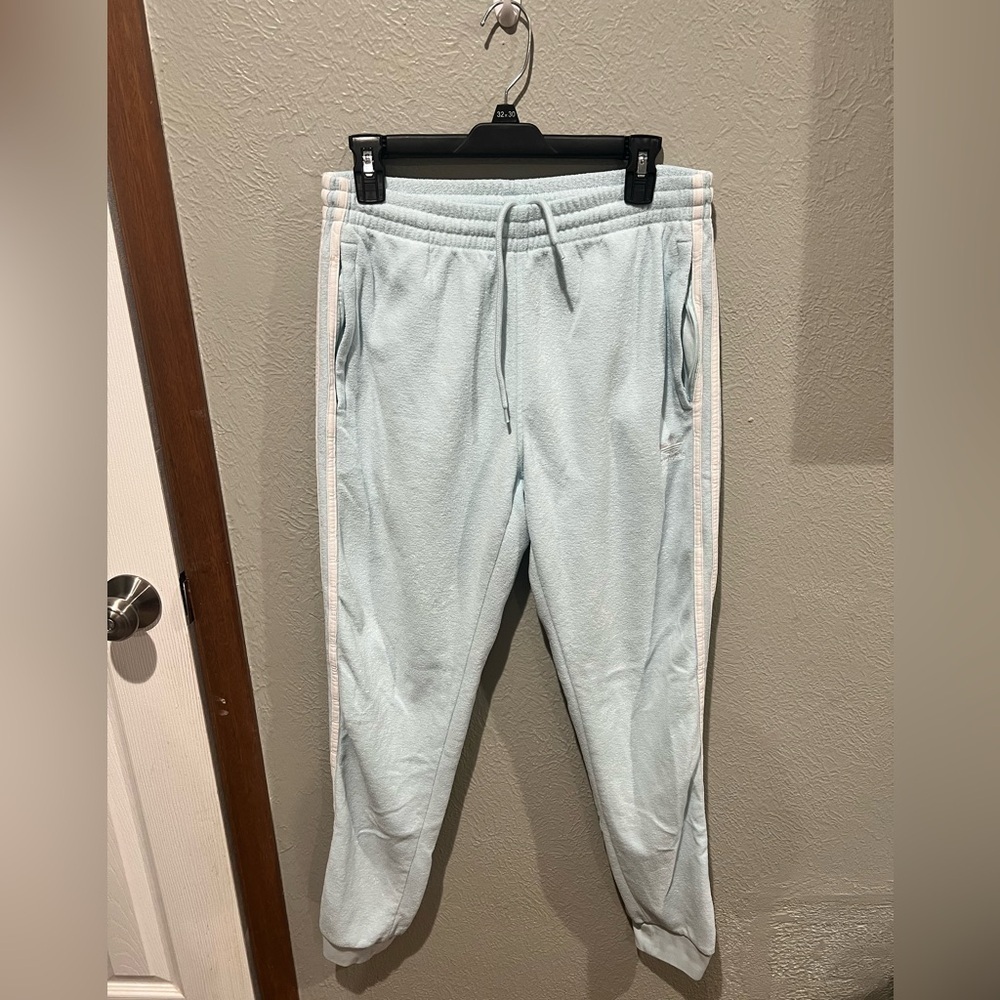 adidas Pale Blue Joggers with White Stripes Terrycloth Material Size Large EUC